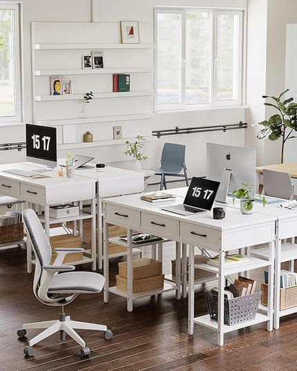 CubiCubi 47 Inch Computer Desk with 3 Drawers and Storage Shelves, Small Home Office Desk, Study Writing Table, Simple Desk for Bedroom, White - LeafyLoom