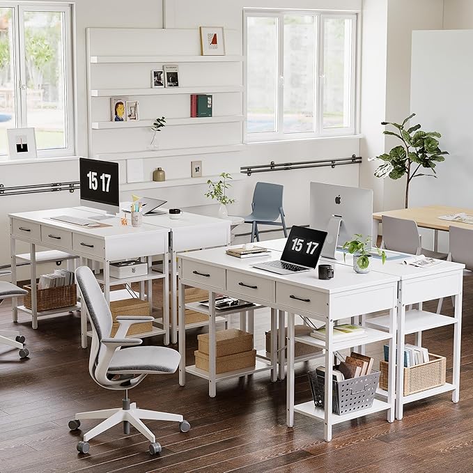 CubiCubi 47 Inch Computer Desk with 3 Drawers and Storage Shelves, Small Home Office Desk, Study Writing Table, Simple Desk for Bedroom, White - LeafyLoom