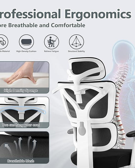 Office Chair Ergonomic Desk Chair, High Back Gaming Chair, Big and Tall Reclining chair Comfy Home Office Desk Chair Lumbar Support Breathable Mesh Computer Chair Adjustable Armrests (White) - LeafyLoom