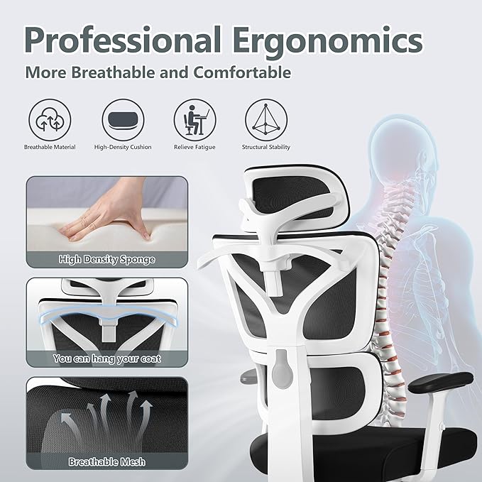 Office Chair Ergonomic Desk Chair, High Back Gaming Chair, Big and Tall Reclining chair Comfy Home Office Desk Chair Lumbar Support Breathable Mesh Computer Chair Adjustable Armrests (White) - LeafyLoom