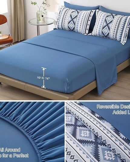 Dinjoy Blue Comforter Set Queen Size, Western Bedding Sets Queen 7 Pieces Bed in a Bag Geometric Striped Comforters with Sheets Aztec Patchwork Complete Set for All Seasons 90"x90" - LeafyLoom