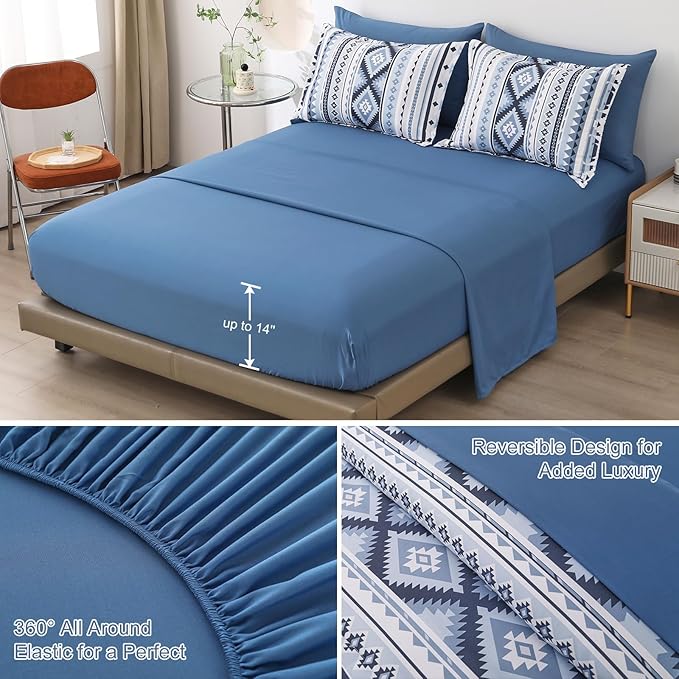 Dinjoy Blue Comforter Set Queen Size, Western Bedding Sets Queen 7 Pieces Bed in a Bag Geometric Striped Comforters with Sheets Aztec Patchwork Complete Set for All Seasons 90"x90" - LeafyLoom