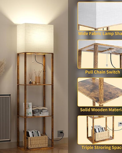 Dott Arts Floor Lamp with Shelves, Wide Floor Lamps for Living Room Display Shelf Lamps with 3 Color LED Bulb,Storage Wood Modern Floor Lamp for Bedroom Standing Lamp for Living Room Office（Brown） - LeafyLoom