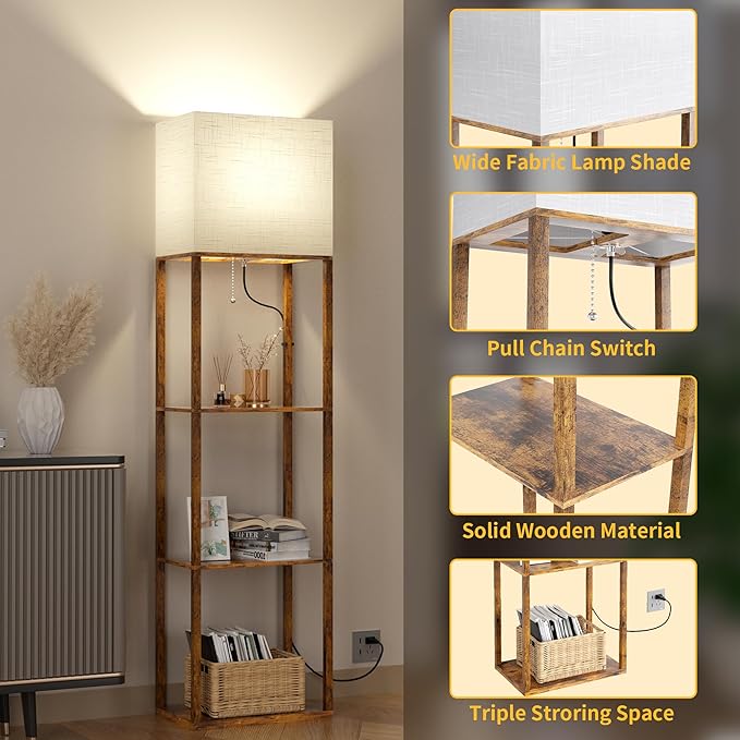 Dott Arts Floor Lamp with Shelves, Wide Floor Lamps for Living Room Display Shelf Lamps with 3 Color LED Bulb,Storage Wood Modern Floor Lamp for Bedroom Standing Lamp for Living Room Office（Brown） - LeafyLoom