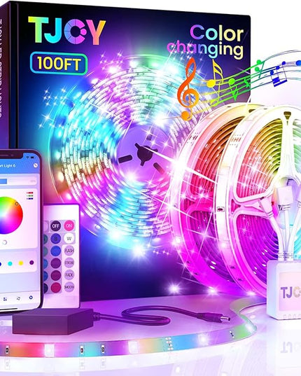 TJOY 100ft Bluetooth LED Strip Lights, Music Sync LED Lights Strip, RGB Color Changing LED Lights with Remote,Smart Phone APP Control, LED Lights for Bedroom,TV,Room DIY (APP+Remote +Mic) TJOY