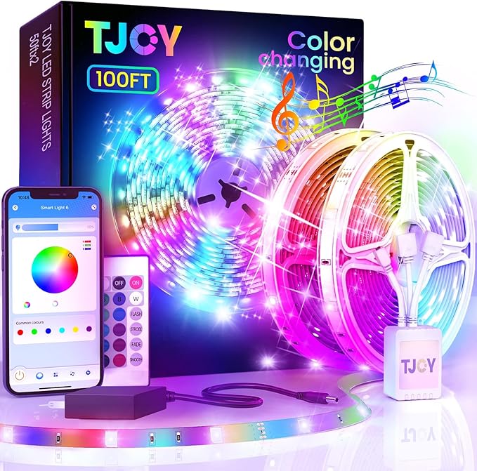TJOY 100ft Bluetooth LED Strip Lights, Music Sync LED Lights Strip, RGB Color Changing LED Lights with Remote,Smart Phone APP Control, LED Lights for Bedroom,TV,Room DIY (APP+Remote +Mic) TJOY