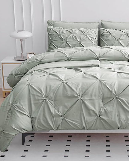 LANE LINEN Twin Comforter Set, 5 Piece Twin Bedding Sets, Ultra Soft Pintuck Twin Bed in a Bag Set with Down Alternative Comforter, Sheets, Pillowcase & Sham, Pinch Pleated Kids Bedding Set - Mineral - LeafyLoom