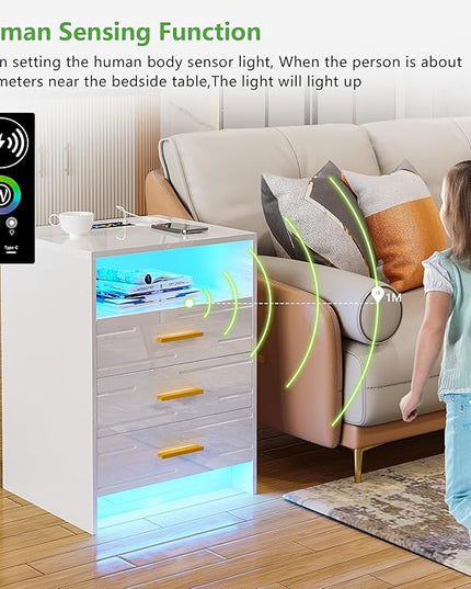 HNEBC RGB LED Nightstand with Wireless Charging Station, Smart Night Stand with Motion Sensor Lights, High Gloss White Nightstand with 3 Drawers for Bedroom, Modern Bedside Tables (A White) - LeafyLoom
