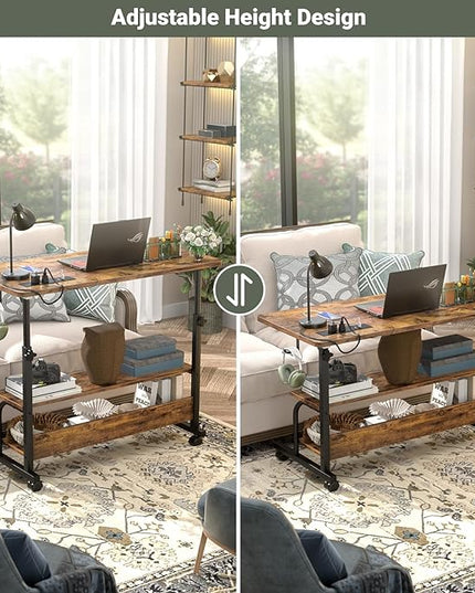 32" Height Adjustable Standing Desk with Power Outlets - Manual Rolling Stand Up Desk with Wheels Small Portable Computer Desk Mobile Laptop Table with Storage Shelves for Home Office, Rustic - LeafyLoom