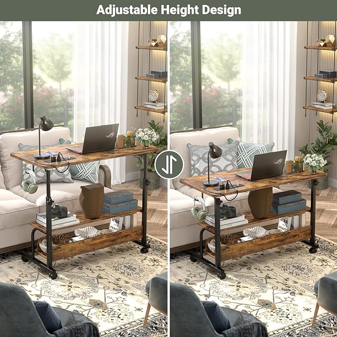 32" Height Adjustable Standing Desk with Power Outlets - Manual Rolling Stand Up Desk with Wheels Small Portable Computer Desk Mobile Laptop Table with Storage Shelves for Home Office, Rustic - LeafyLoom