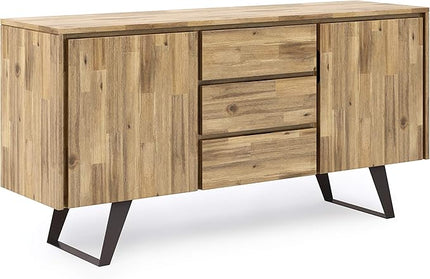 SIMPLIHOME Lowry SOLID ACACIA WOOD and Metal 60 Inch Wide Rectangle Modern Industrial Sideboard Buffet in Distressed Golden Wheat, For the Dining Room and Kitchen - LeafyLoom