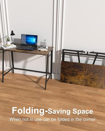 ASTARTH Folding Desk-40 Inch Writing Computer Desk, Space Saving Foldable Table, Modern Simple Style PC Table, Black Metal Frame-Home Office Desk, No Assembly Required, Rustic Brown - LeafyLoom