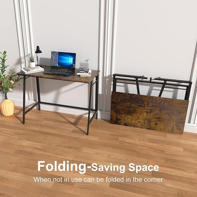 ASTARTH Folding Desk-40 Inch Writing Computer Desk, Space Saving Foldable Table, Modern Simple Style PC Table, Black Metal Frame-Home Office Desk, No Assembly Required, Rustic Brown - LeafyLoom