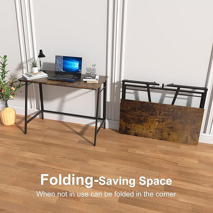 ASTARTH Folding Desk-40 Inch Writing Computer Desk, Space Saving Foldable Table, Modern Simple Style PC Table, Black Metal Frame-Home Office Desk, No Assembly Required, Rustic Brown - LeafyLoom
