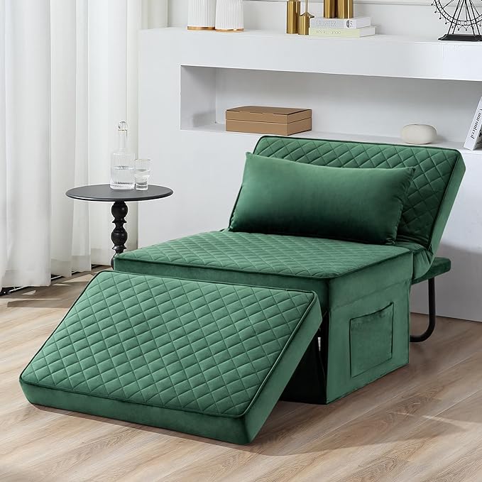 Sofa Bed, 4 in 1 Multi-Function Folding Ottoman Breathable Velvet Couch Bed with Adjustable Backrest Modern Convertible Chair for Living Room Apartment Office,Squared-Green - LeafyLoom