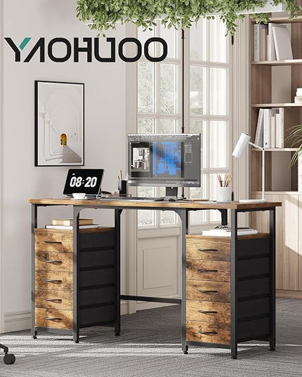 Desk with 10 Fabric Drawers Classified Organizer - 55"/140 Office Desks with Ample Storage, Computer Work Desk Study Writing Table Workstation for Home Office Space Brown - LeafyLoom