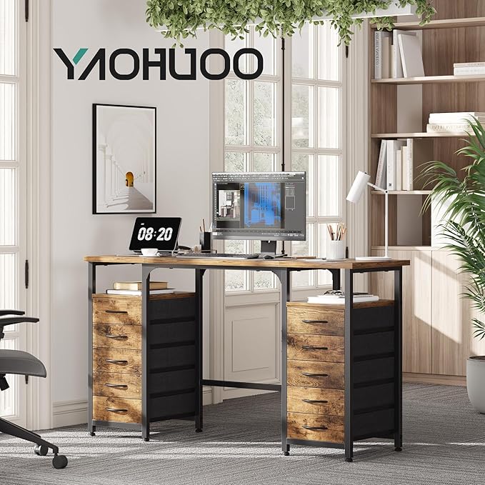 Desk with 10 Fabric Drawers Classified Organizer - 55"/140 Office Desks with Ample Storage, Computer Work Desk Study Writing Table Workstation for Home Office Space Brown - LeafyLoom