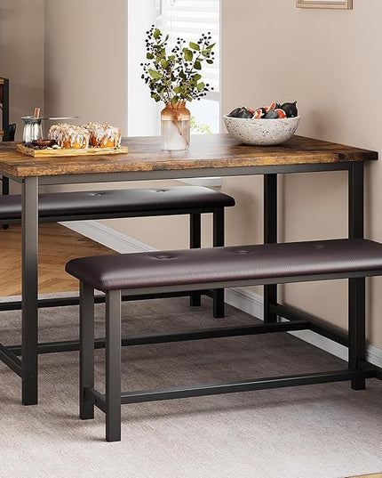 Kitchen Table with Benches, Dining Table Set for 4, Rectangular Dining Room Table Set with 2 Upholstered Benches, 3 Piece Kitchen Table Set for Small Space, Apartment, Studio, Retro Brown - LeafyLoom