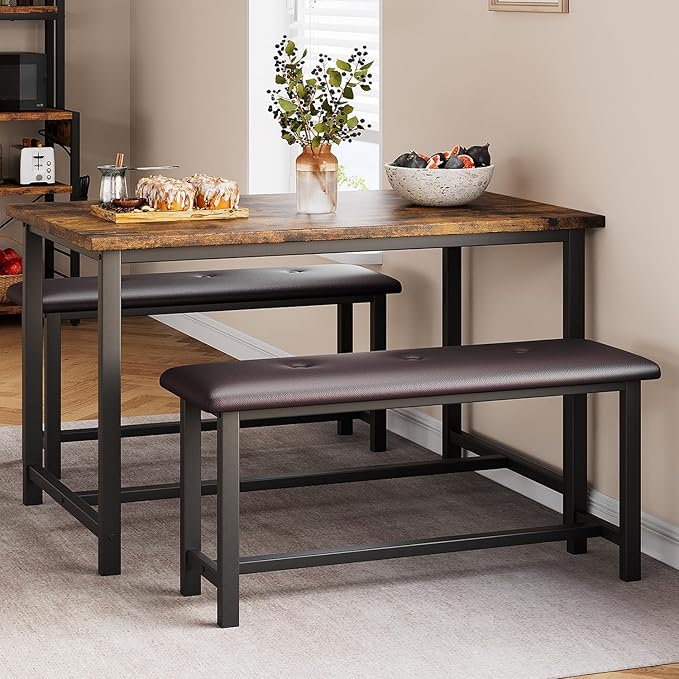 Kitchen Table with Benches, Dining Table Set for 4, Rectangular Dining Room Table Set with 2 Upholstered Benches, 3 Piece Kitchen Table Set for Small Space, Apartment, Studio, Retro Brown - LeafyLoom