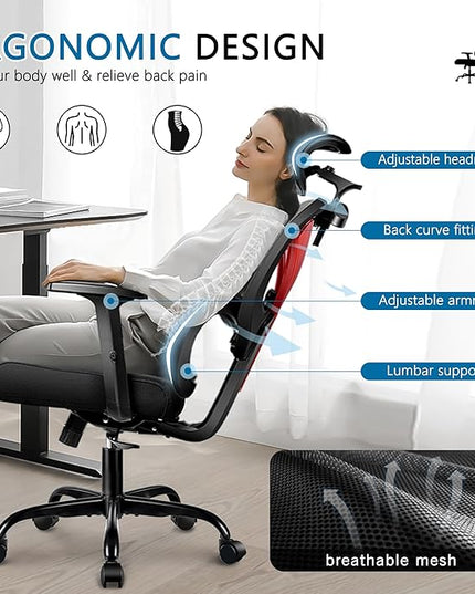 Office Chair Ergonomic Desk Chair Comfy Computer Chair, Big and Tall Home Office Chair with Back Support, Mesh Office Chair High Back Gaming Chair with Adjustable Armrest (Red) - LeafyLoom