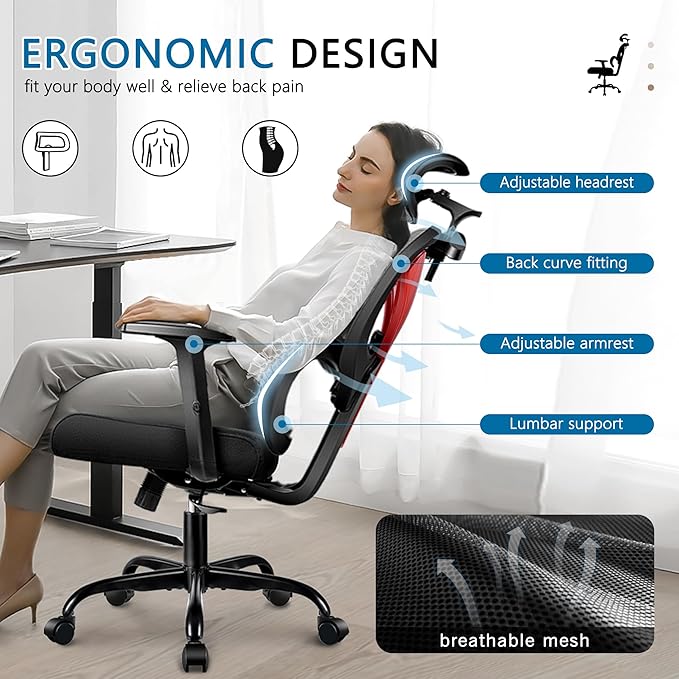 Office Chair Ergonomic Desk Chair Comfy Computer Chair, Big and Tall Home Office Chair with Back Support, Mesh Office Chair High Back Gaming Chair with Adjustable Armrest (Red) - LeafyLoom