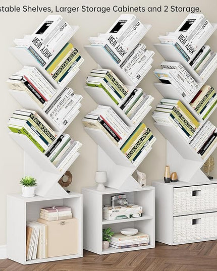 Vagusicc 6 Tier Tree Bookshelf, Modern Floor Standing Bookcase with Storage Drawer, Space Saving Storage Organizer Book Shelves for Books, Tall Wood Storage Rack for Bedroom/Living Room/Home Office - LeafyLoom