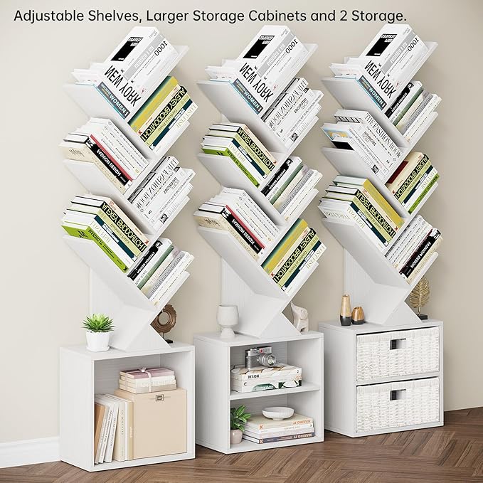 Vagusicc 6 Tier Tree Bookshelf, Modern Floor Standing Bookcase with Storage Drawer, Space Saving Storage Organizer Book Shelves for Books, Tall Wood Storage Rack for Bedroom/Living Room/Home Office - LeafyLoom