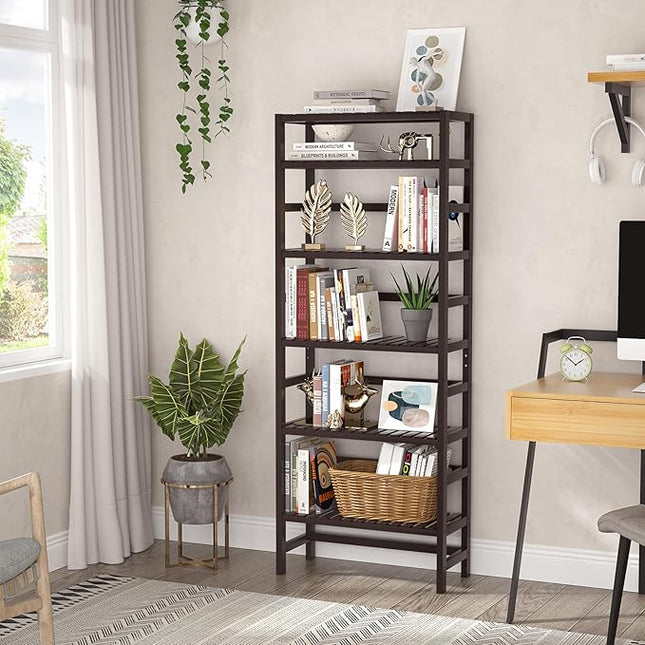 Homykic Bamboo Bookshelf, 6-Tier Adjustable 63.4” Tall Bookcase Book Shelf Organizer Free Standing Storage Shelving Unit for Living Room, Bathroom, Kitchen, Bedroom, Rust Resistance, Espresso - LeafyLoom