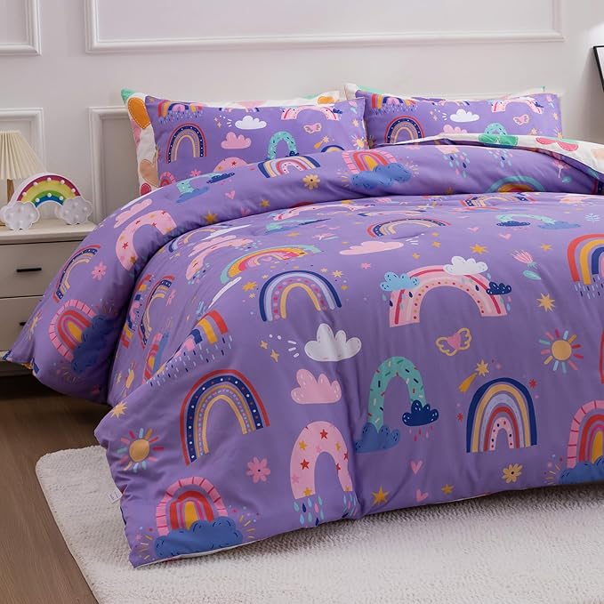 Btargot Lightweight Soft 3 Piece Rainbow Comforter Set with 2 Pillow Covers, Cartoon Love Hearts Flowers and Sun Star Bedding Set for Girls Boys Kids, Queen Dark Purple - LeafyLoom