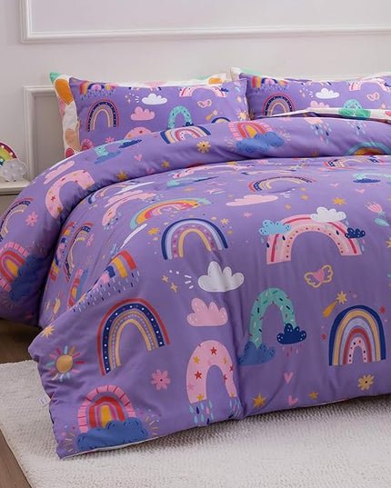 Btargot Lightweight Soft 3 Piece Rainbow Comforter Set with 2 Pillow Covers, Cartoon Love Hearts Flowers and Sun Star Bedding Set for Girls Boys Kids, Twin Dark Purple - LeafyLoom