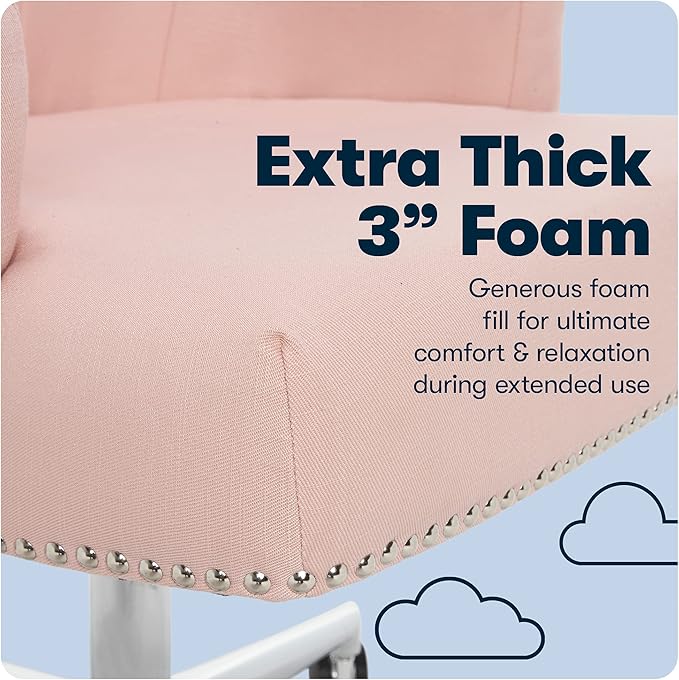 Serta Leighton Modern Office Chair, Stylish Mid-Back Desk Chair, Rivet Detail, Serta Quality Memory Foam, Armchair with Wheels, Vanity Chair, Swivel Chrome Metal Base, Twill Fabric, Blush Pink - LeafyLoom