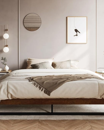 SHA CERLIN 14'' King Size Metal Platform Bed Frame with Rustic Wood & Reverse Holes/Ample Under-Bed Storage Space/Mattress Foundation/No Box Spring Needed/Easy Assembly - LeafyLoom