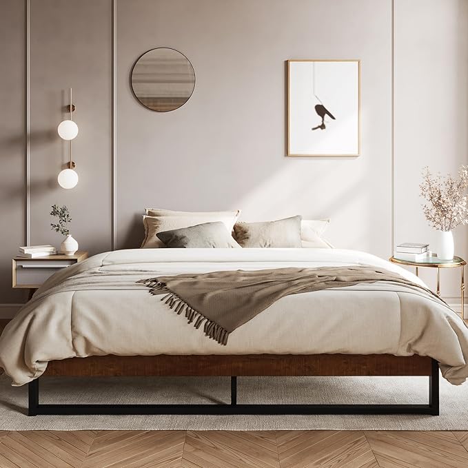 SHA CERLIN 14'' King Size Metal Platform Bed Frame with Rustic Wood & Reverse Holes/Ample Under-Bed Storage Space/Mattress Foundation/No Box Spring Needed/Easy Assembly - LeafyLoom