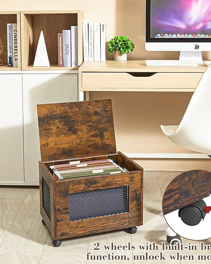 Rolling File Cabinet Cart, Hanging File Organizer Box with Lid for Home Office, Small Filing Cabinet on Wheels Under Desk, Mobile Decorative Document Storage Basket for Letter & Legal Size - LeafyLoom