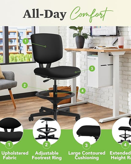 HON Volt Armless Task Seating, Stool, Black Fabric Stool - LeafyLoom