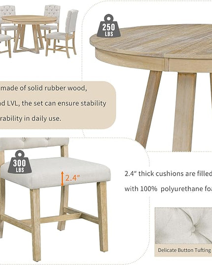NicBex Small Dining Table Set for 4 Breakfast Nook Table Set 5-Piece Retro Functional Dining Set, Round Table with a 16" W Leaf and 4 Upholstered Chairs for Dining Room, Natural - LeafyLoom