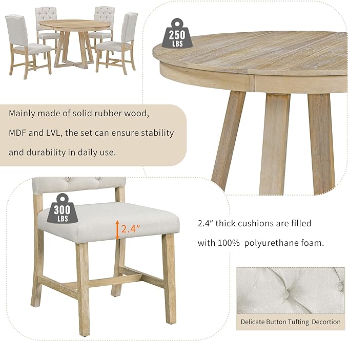 Retro Style 5-Piece Extendable Dining Round Functional Kitchen Table Set with 16" W Leaf and 4 Upholstered Chairs-Ideal for Breakfast Nook or Living Room-Natural - LeafyLoom