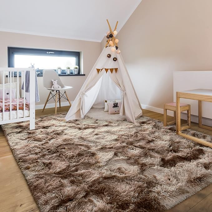 4x6 Large Area Rugs for Living Room, Super Soft Fluffy Modern Bedroom Rug, Tie-Dyed Brown Indoor Shag Fuzzy Carpets for Girls Kids Nursery Room Home Decor - LeafyLoom