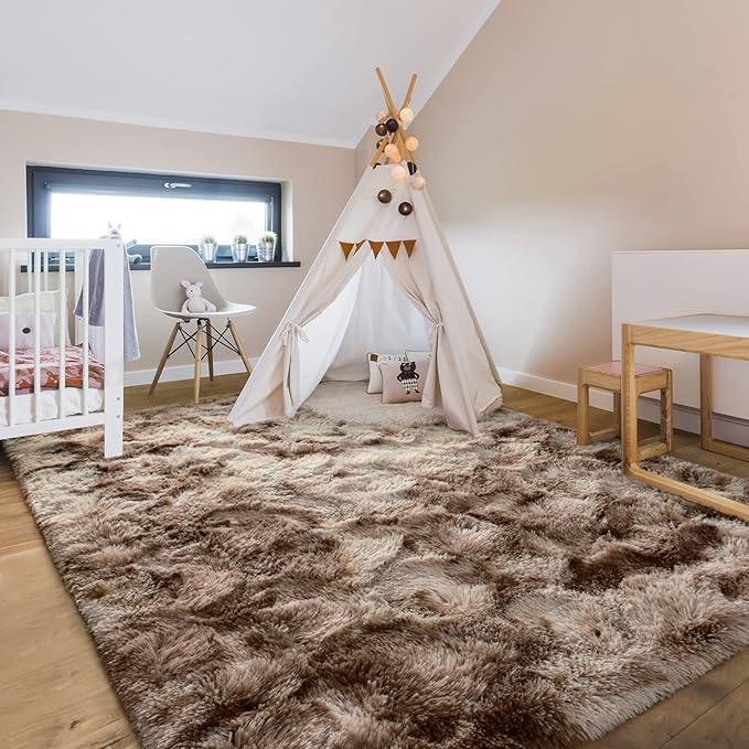 5x8 Large Area Rugs for Living Room, Super Soft Fluffy Modern Bedroom Rug, Tie-Dyed Brown Indoor Shag Fuzzy Carpets for Girls Kids Nursery Room Home Decor - LeafyLoom