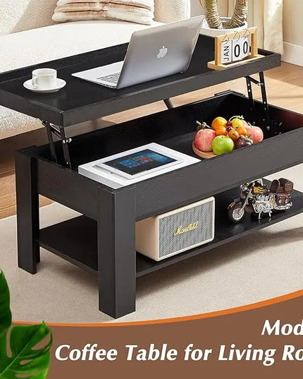VECELO Lift Top Coffee Table with Storage Shelf and Hidden Compartment for Living Room/Office Reception, Black - LeafyLoom