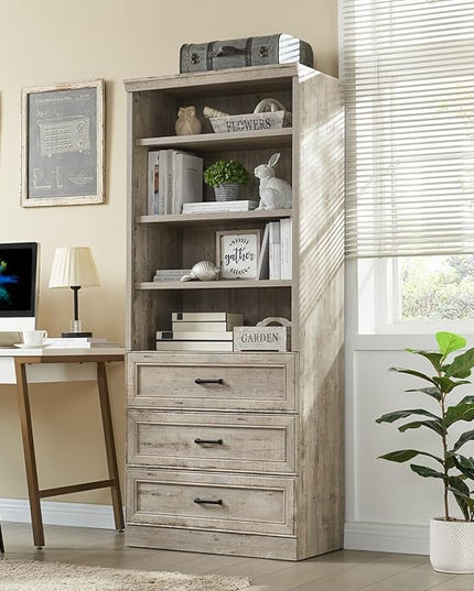 72" Tall Bookshlef with 3 Drawers, Farmhouse 4-Tier Bookcase with Adjustable Shlef, Wooden Storage Cabinet for Living Room, Kitchen, Home Office, Dining Room, Grey - LeafyLoom