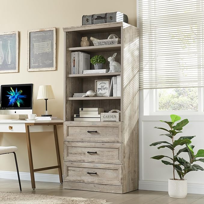72" Tall Bookshlef with 3 Drawers, Farmhouse 4-Tier Bookcase with Adjustable Shlef, Wooden Storage Cabinet for Living Room, Kitchen, Home Office, Dining Room, Grey - LeafyLoom