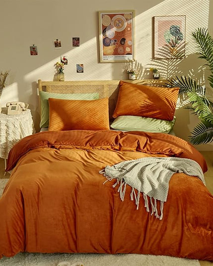 Burnt Orange Color Velvet Comforter Set Twin Solid Rust Color Flannel Velvet Bedding Comforter Set All Caramel Colour 3 PCs Shaggy Soft Warm and Durable Flannel Blanket Twin - LeafyLoom