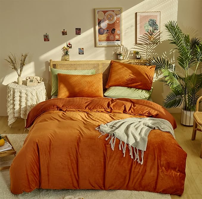Burnt Orange Color Velvet Comforter Set Twin Solid Rust Color Flannel Velvet Bedding Comforter Set All Caramel Colour 3 PCs Shaggy Soft Warm and Durable Flannel Blanket Twin - LeafyLoom