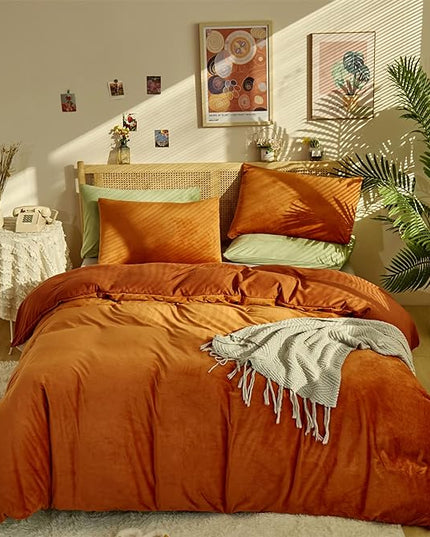 Burnt Orange Color Velvet Comforter Set Full Solid Rust Color Flannel Velvet Bedding Comforter Set All Caramel Colour 3 PCs Shaggy Soft Warm and Durable Flannel Blanket Full - LeafyLoom