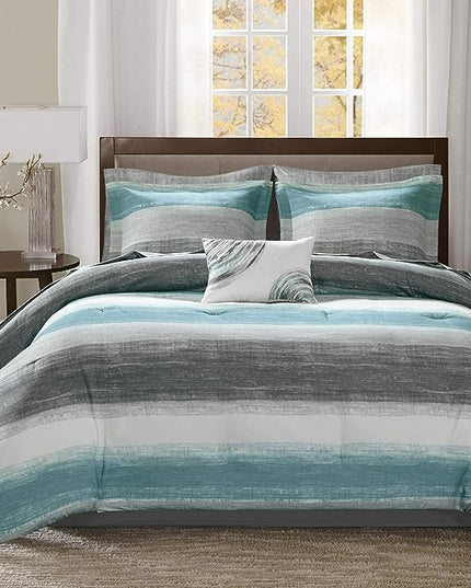 Madison Park Essentials Twin Comforter Set, Bed in a Bag Twin, Watercolor Print Coastal Comforter & Chambray Cotton Sheet Set, All Season Bedding Set, Saben, Aqua Twin (68 in x 86 in) 7 Piece - LeafyLoom
