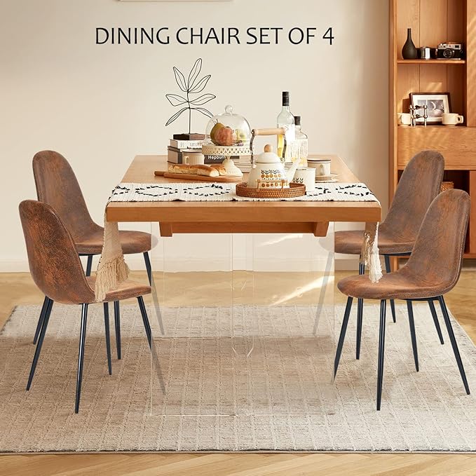FurnitureR Dining Chairs Set of 4, Fabric Suede Dining Room Side Seating, Kitchen Chairs with Metal Legs for Living Room,Dark Brown - LeafyLoom