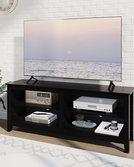 TV Stand for 65 inch TV with Storage,Modern TV Entertainment Center for Bedroom,TV Media Console Table with 4 Open Storage Shelve,55 inch Wood TV Cabinet Black - LeafyLoom