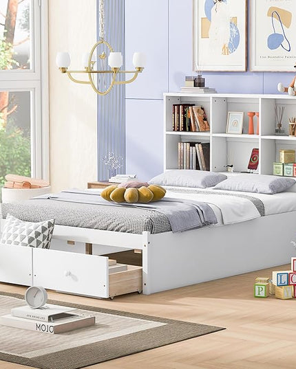 Full Size Platform Bed with Storage Headboard Bookcase, 2 Drawers Underneath and Charging Station, for Bedroom/Guest Room, White - LeafyLoom