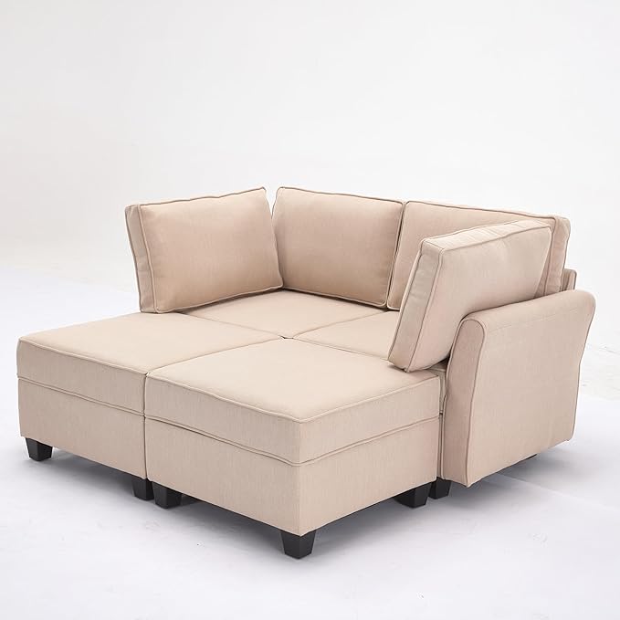 Modern Chenille Fabric U-Shaped 6 Seat Sectional Sleeper Couch with Reversible Chaise Modular Sofa with Storage, Large, Beige - LeafyLoom